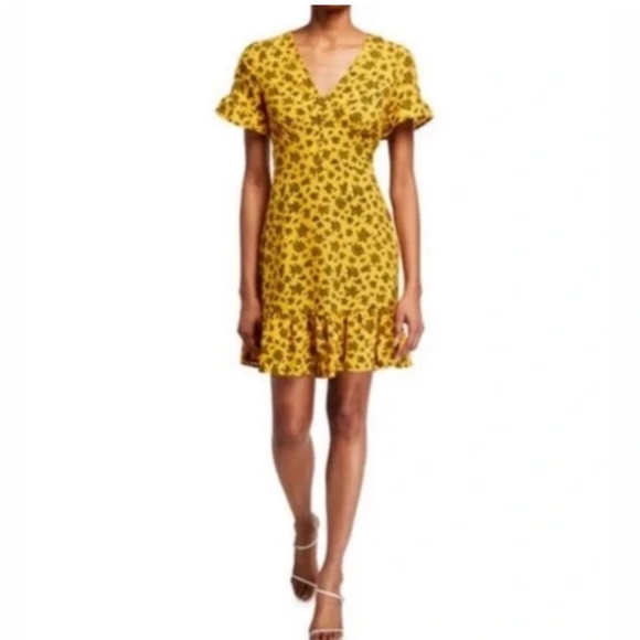 MICHAEL KORS Mustard Yellow Floral Jasmine Flutter Mini Dress NWOT - Picture 1 of 10